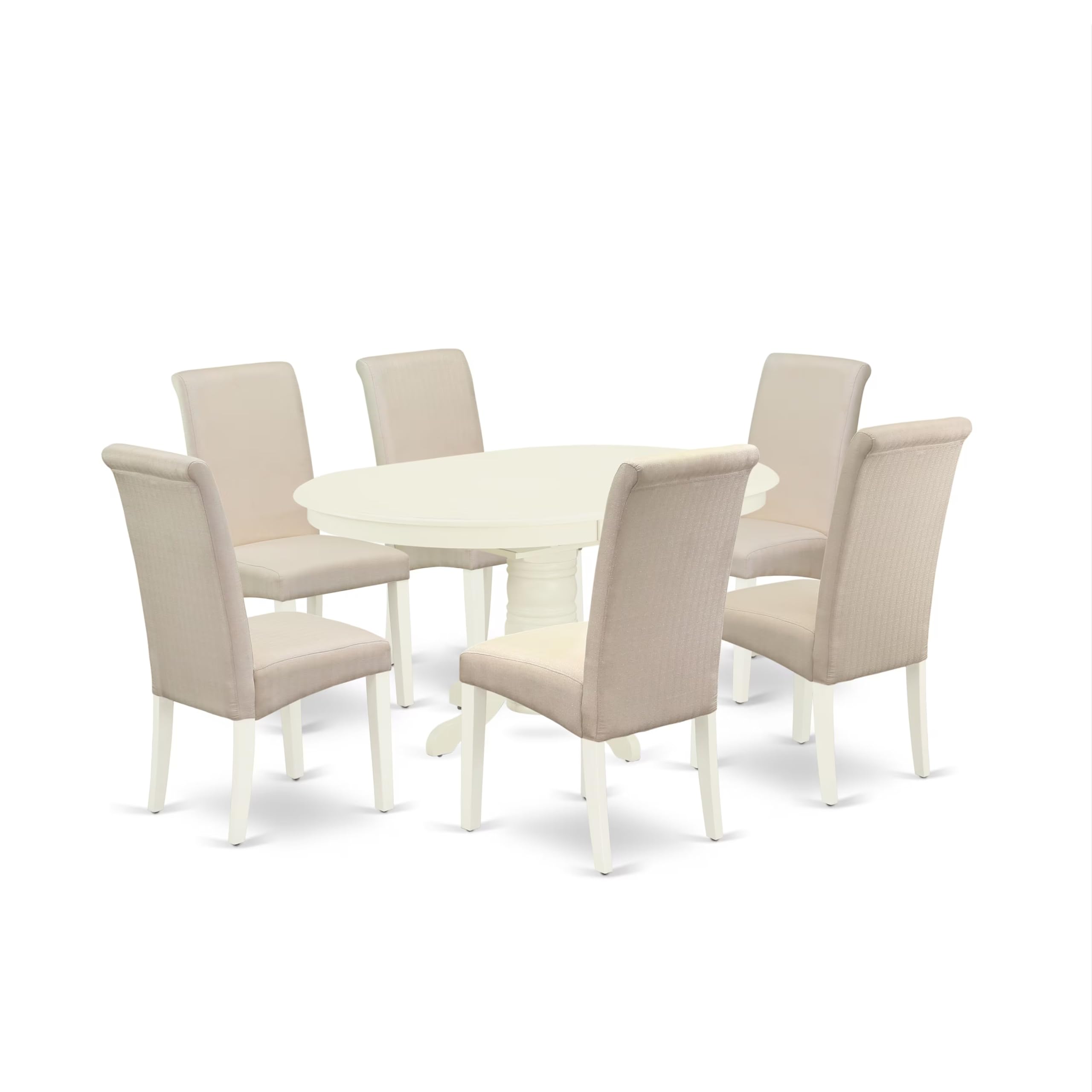 East West Furniture Avba7-Lwh-01 7 Piece Dining Table Set Consist Of An Oval Dining Room Table With Butterfly Leaf And 6 Cream Linen Fabric Upholstered Chairs, 42X60 Inch, Linen White